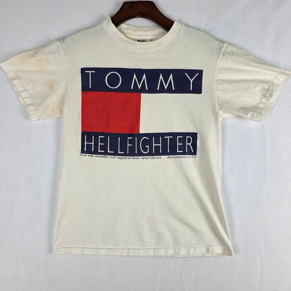 Oneita PowerPro Mens Small White Tommy Hellfighter Ephesians 6:12 Graphic Tee